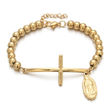 Stainless Steel Jesus Cross Link Chains Bracelet Gold Silver Color Strand Beads Bracelet For Women Men Religious Jewelry